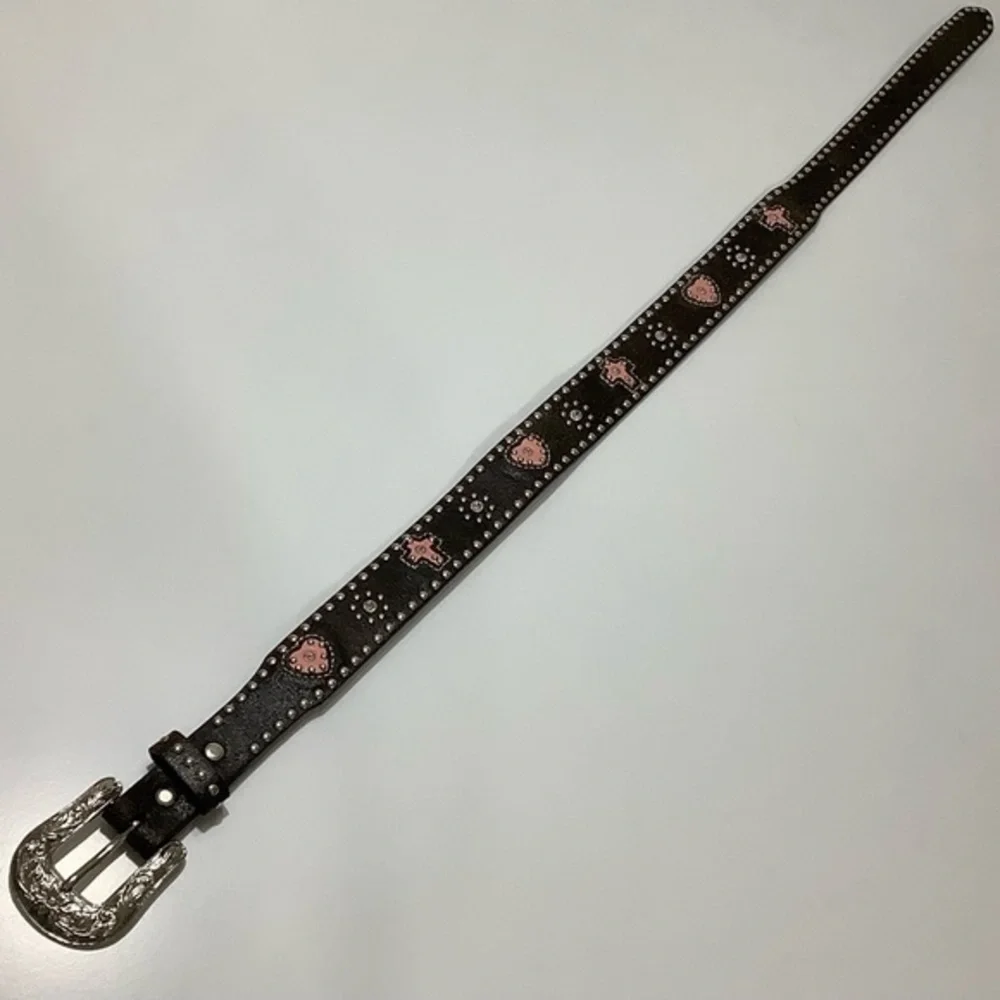 Nocona Pink Hearts Crosses studs Crystals Leather Western Belt Size 24 EUC